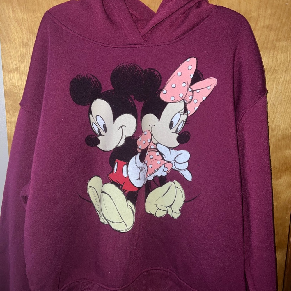 Disney Mickey & Minnie Mouse Hoodie Sweatshirt L Maroon Pullover Jerry Leigh